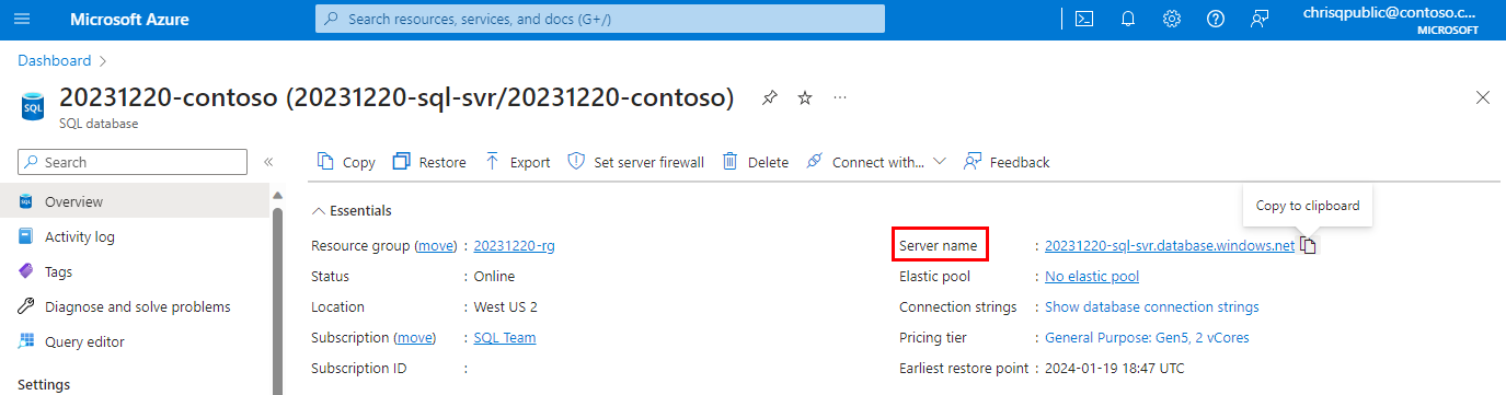 Screenshot of the Azure portal, database overview page with the server name highlighted.