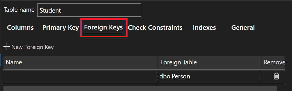 Screenshot Student table in Table Designer showing Foreign Key settings.