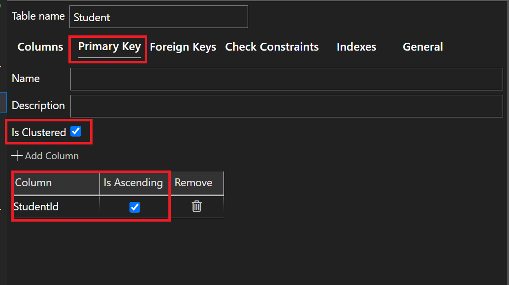 Screenshot of Student table in Table Designer showing Primary Key settings.