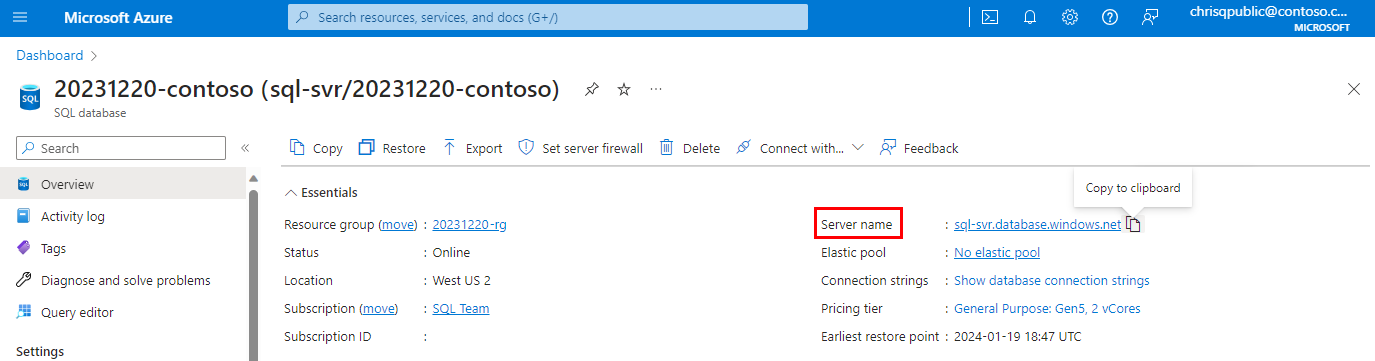 Screenshot of the Azure portal, database overview page with the server name highlighted.