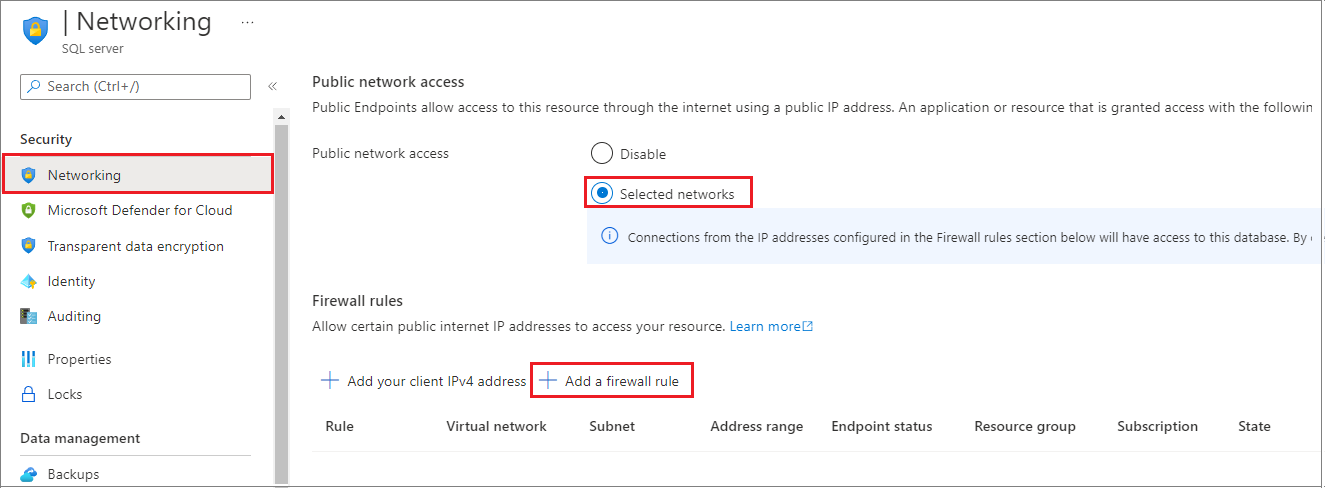 Screenshot of the Azure portal Networking page for a logical SQL Server, showing the server-level IP firewall rule.