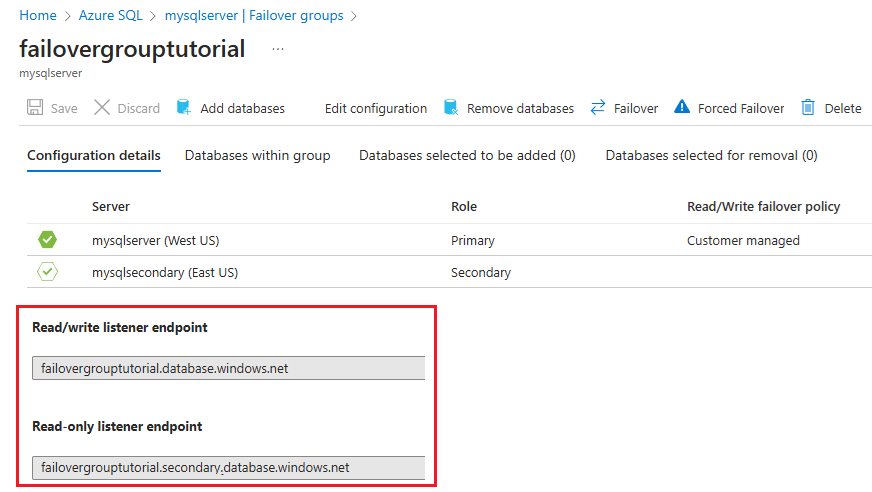 Screenshot showing the failover group connection string on the Failover groups page in the Azure portal.