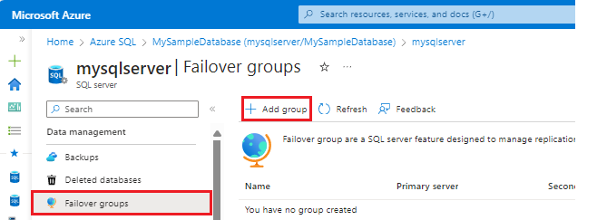 Screenshot highlighting the Add new failover group option on the failover groups page in the Azure portal.