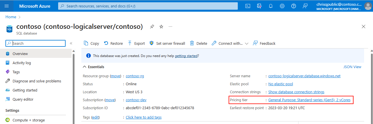 Screenshot of the Azure portal on the overview page of Azure SQL Database. The pricing tier 'General Purpose: Standard-series (Gen5), 2 vCores' is highlighted.