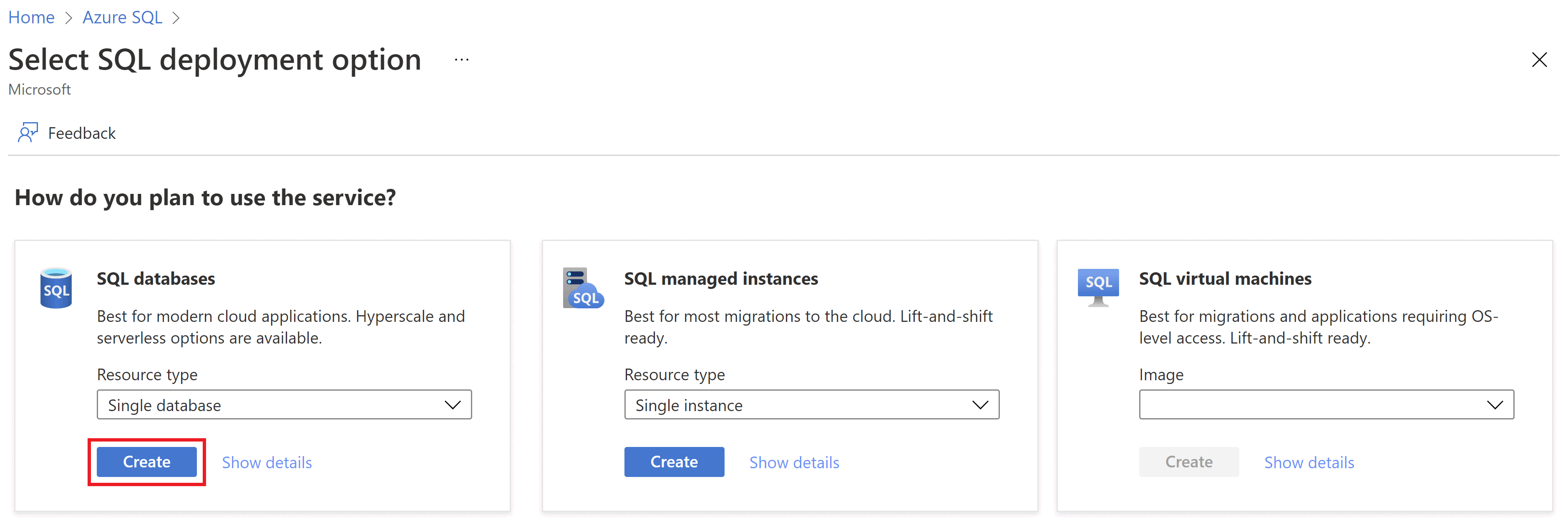 Screenshot of the Select SQL Deployment option page in the Azure portal.