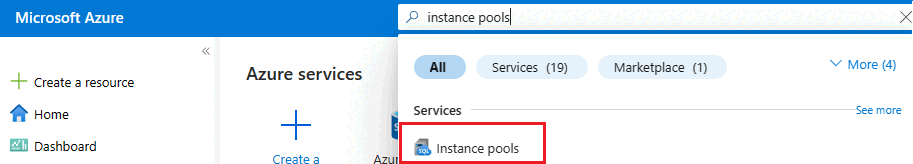 Screenshot searching for instance pools in the Azure portal.