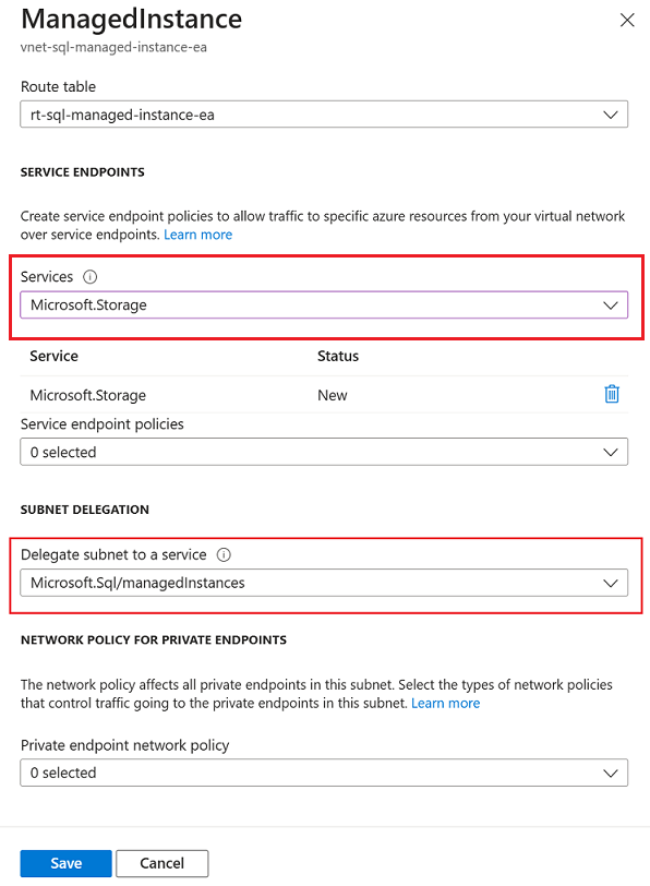 Screenshot of the SQL managed instance Subnet configuration page of the Azure portal.