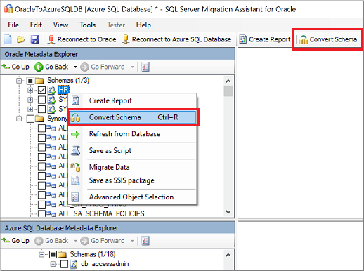 Screenshot that shows Convert Schema.