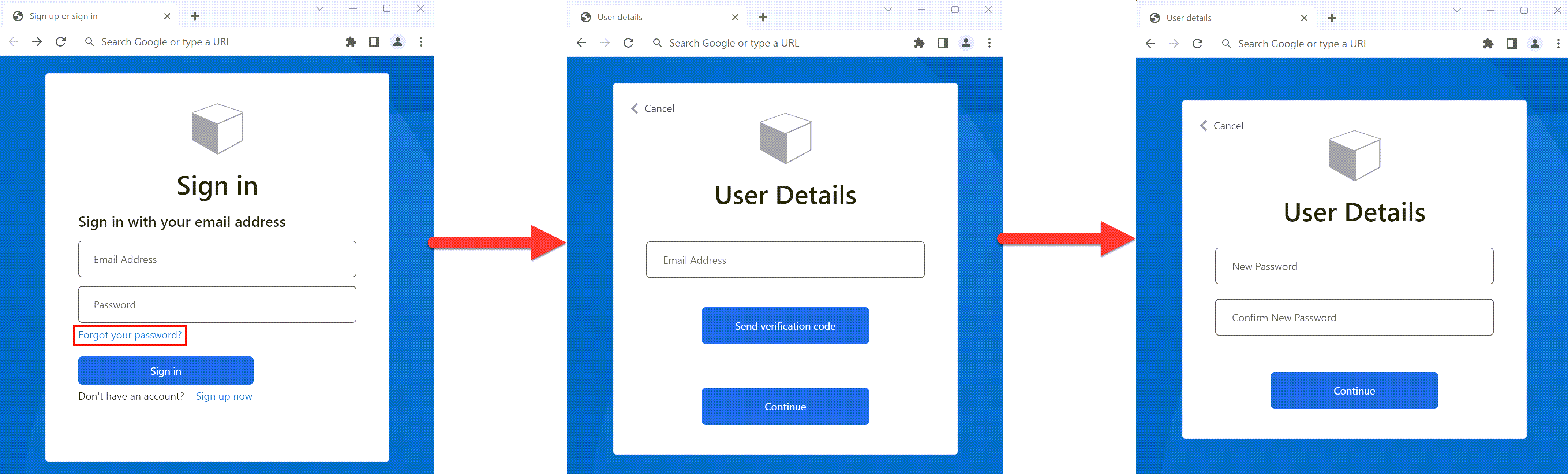 Diagram that shows three dialogs in the password reset flow.