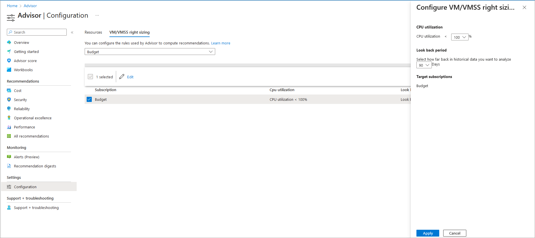 Screenshot of Azure Advisor configuration option for VM/Virtual Machine Scale Sets sizing rules.