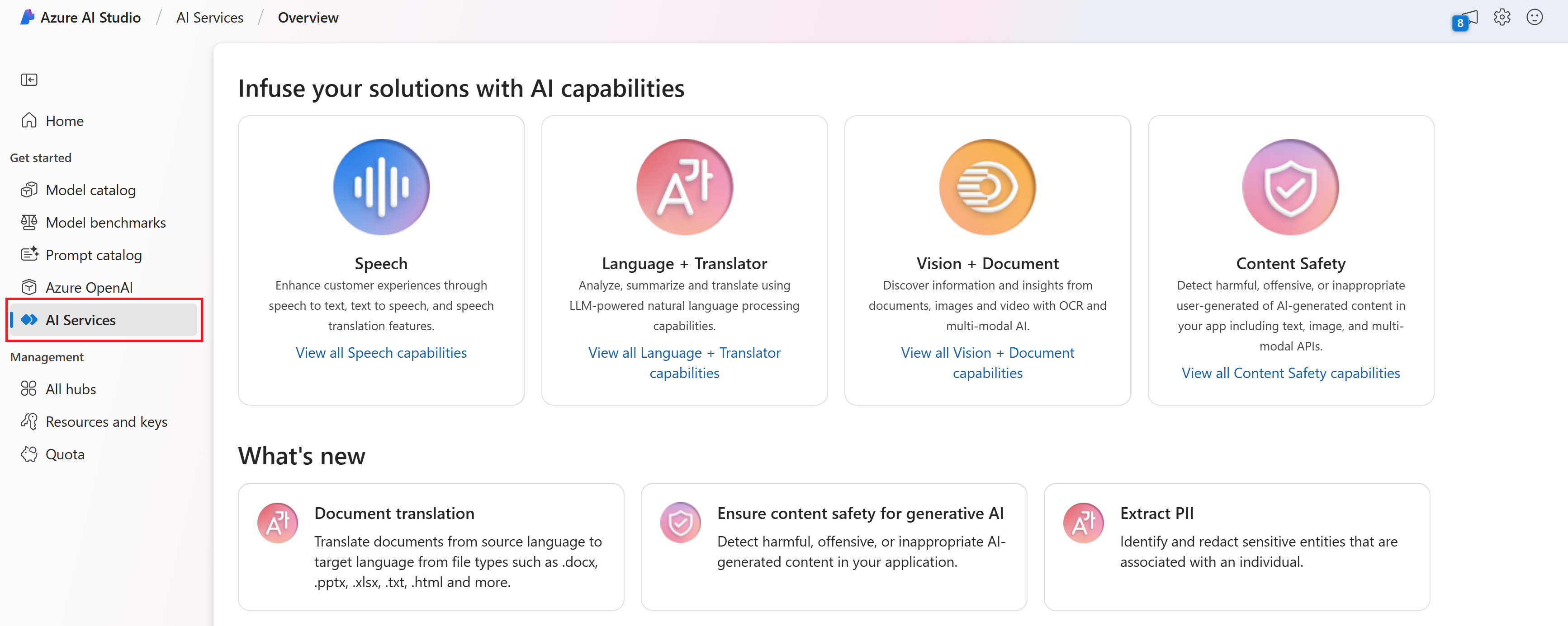 Screenshot of the AI Services page in Azure AI Studio.