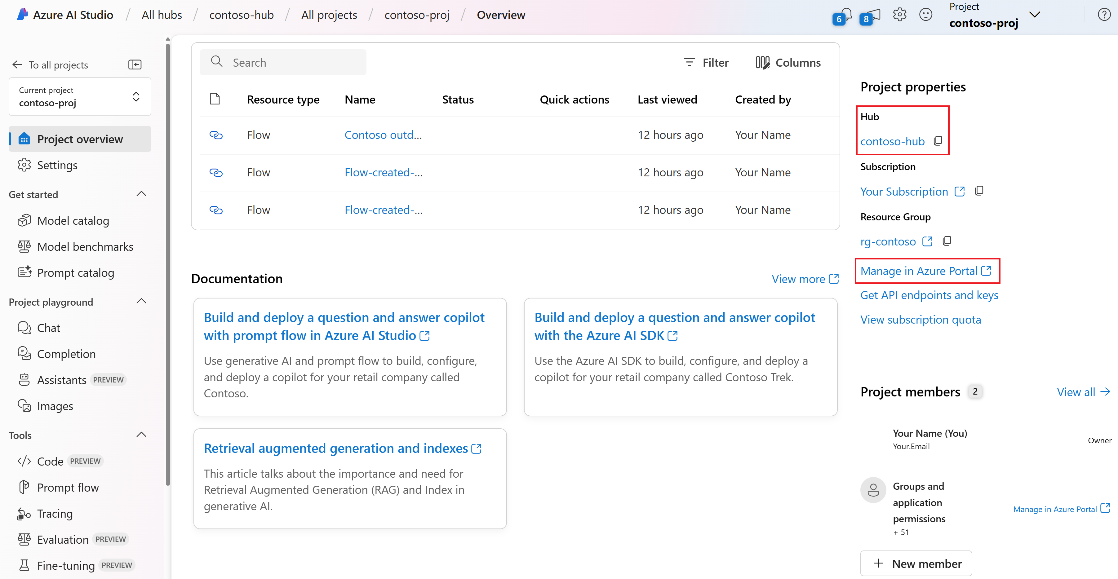 Screenshot of the AI Studio project overview page with links to the Azure portal.