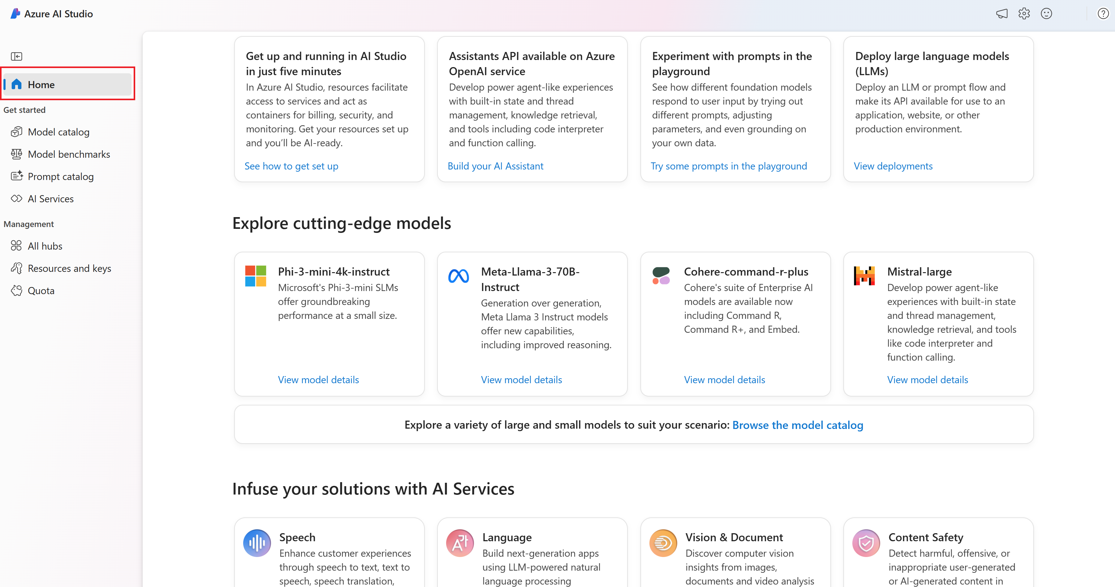 Screenshot of the Azure AI Studio home page.