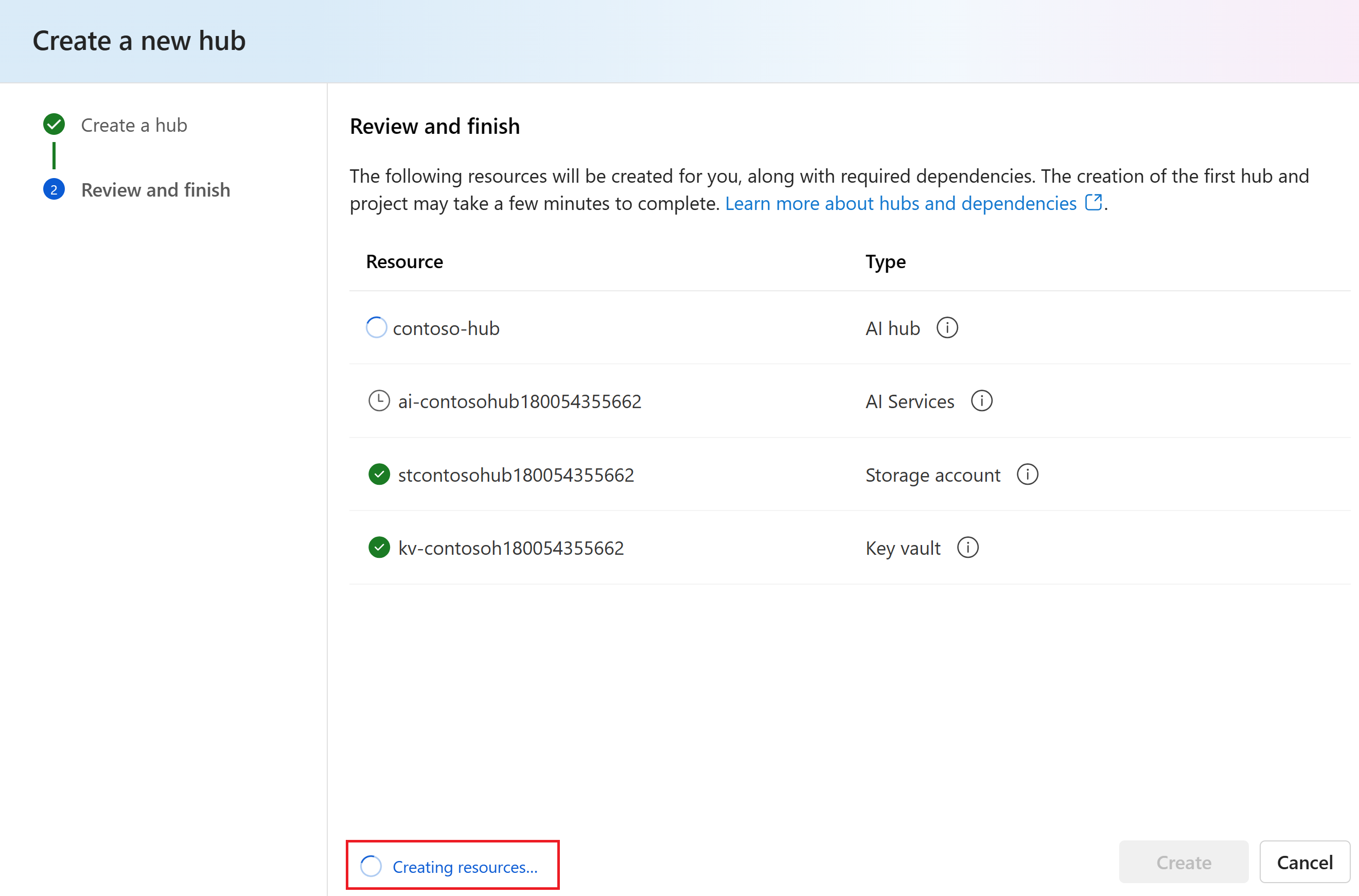 Screenshot of the dialog to review the progress of hub resources creation.