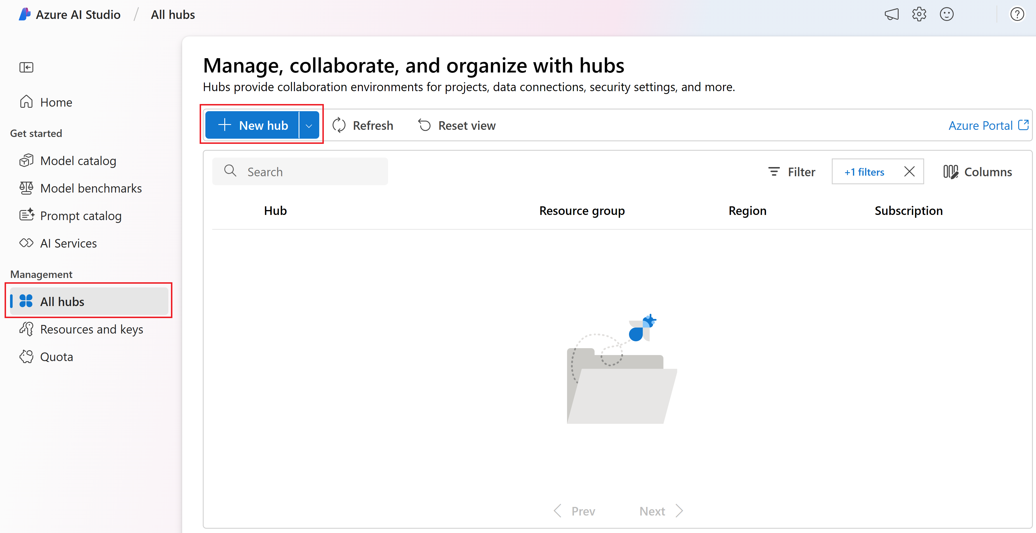 Screenshot of the button to create a new hub.