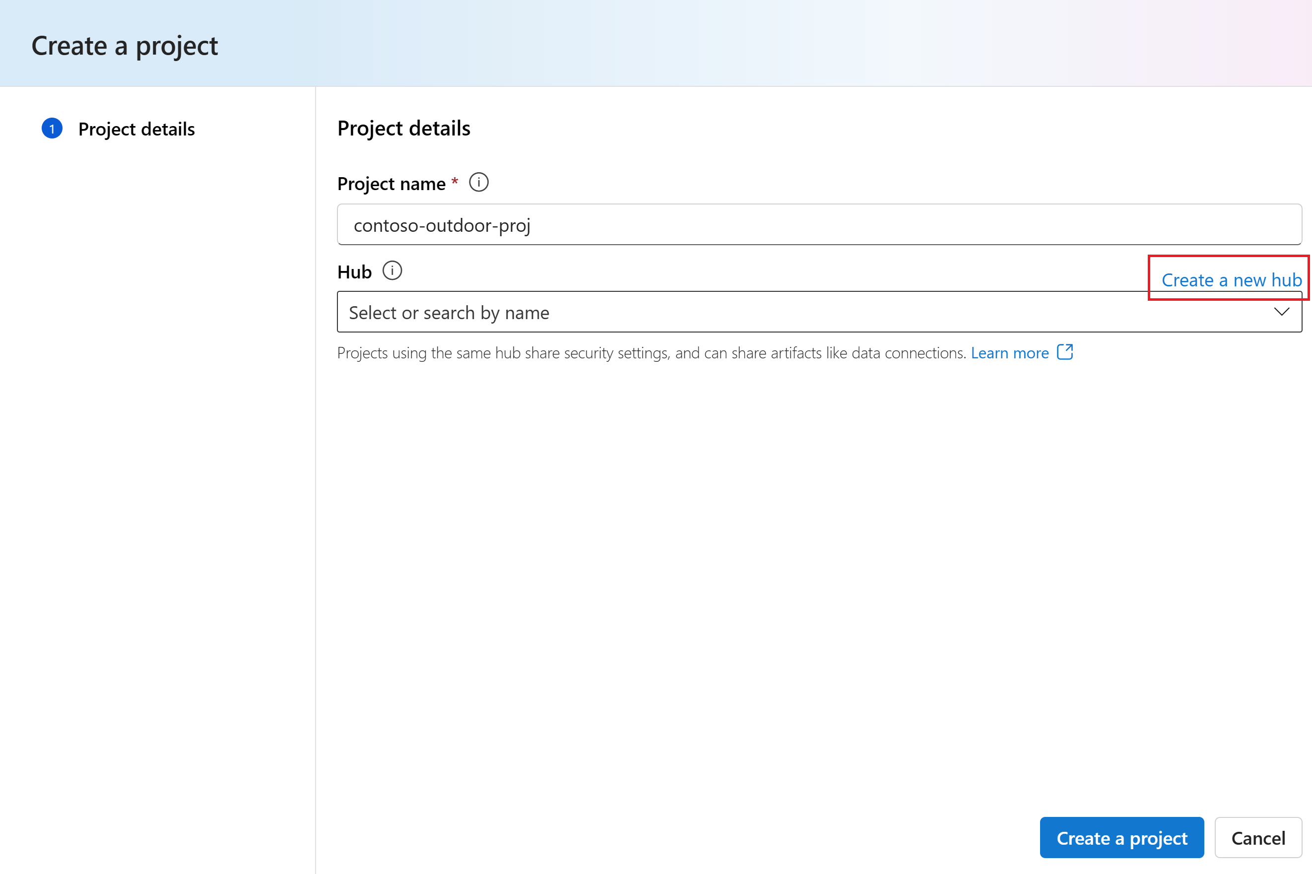 Screenshot of the project details page within the create project dialog.