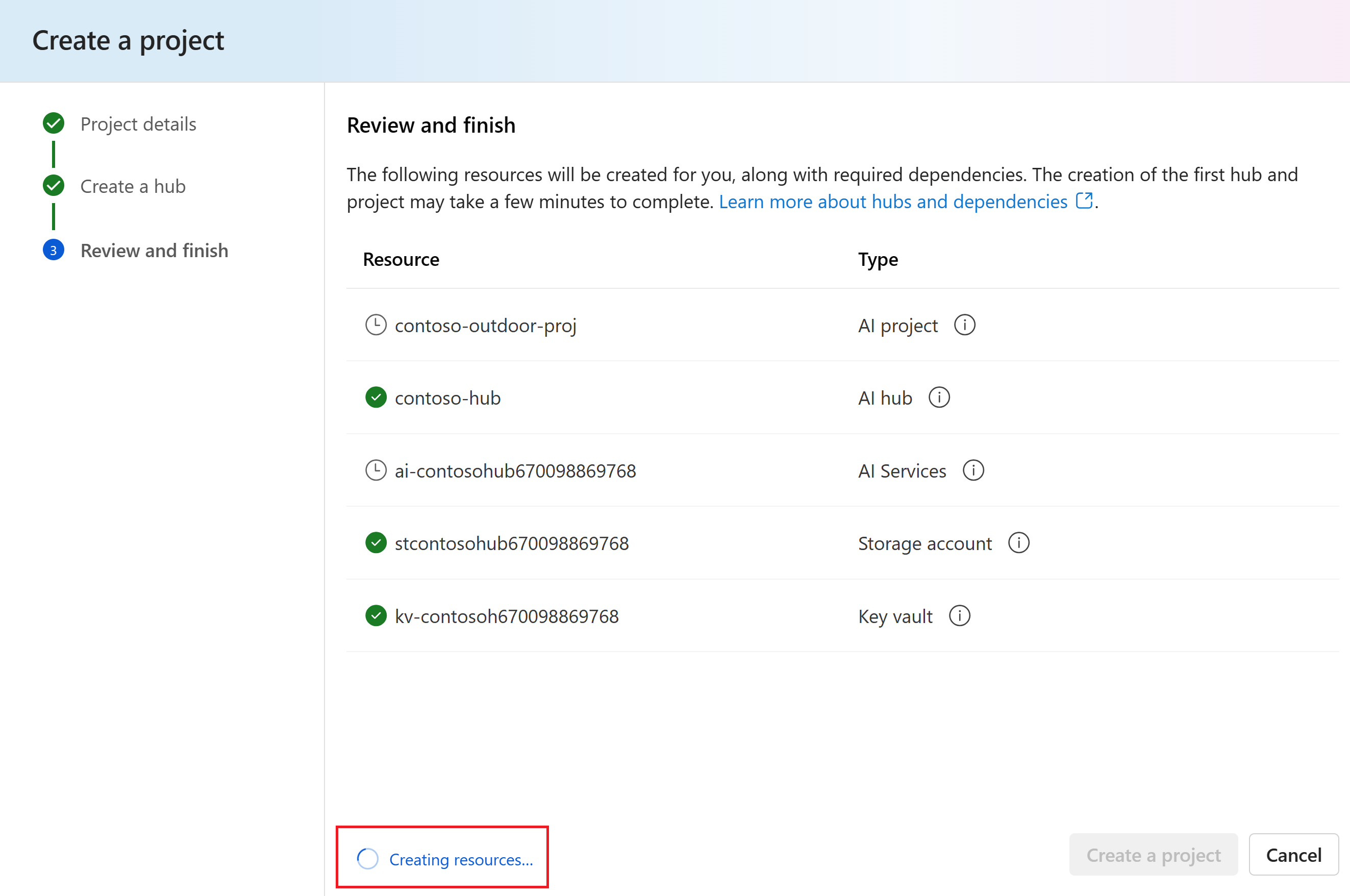 Screenshot of the resource creation progress within the create project dialog.