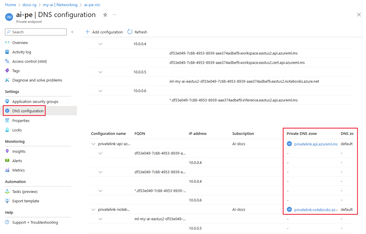 Screenshot of the DNS configuration with Private DNS zone and group highlighted.