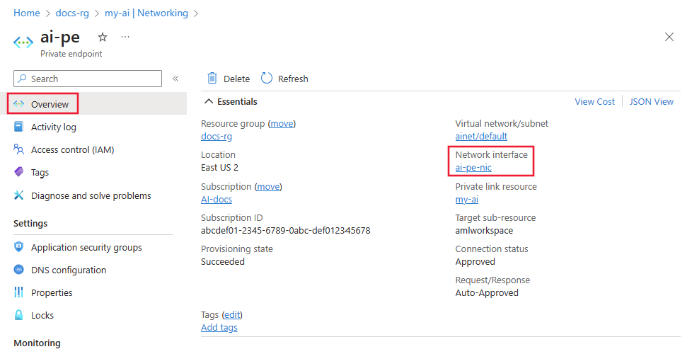 Screenshot of the private endpoint overview with network interface link highlighted.