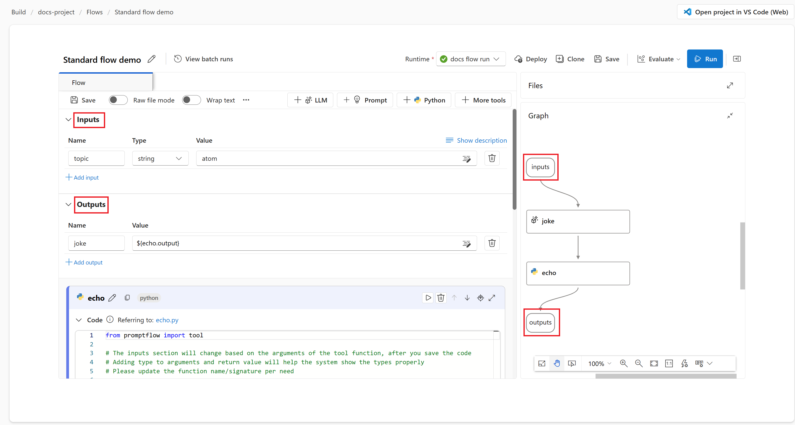 Screenshot of flow input and output on the edit prompt flow page.