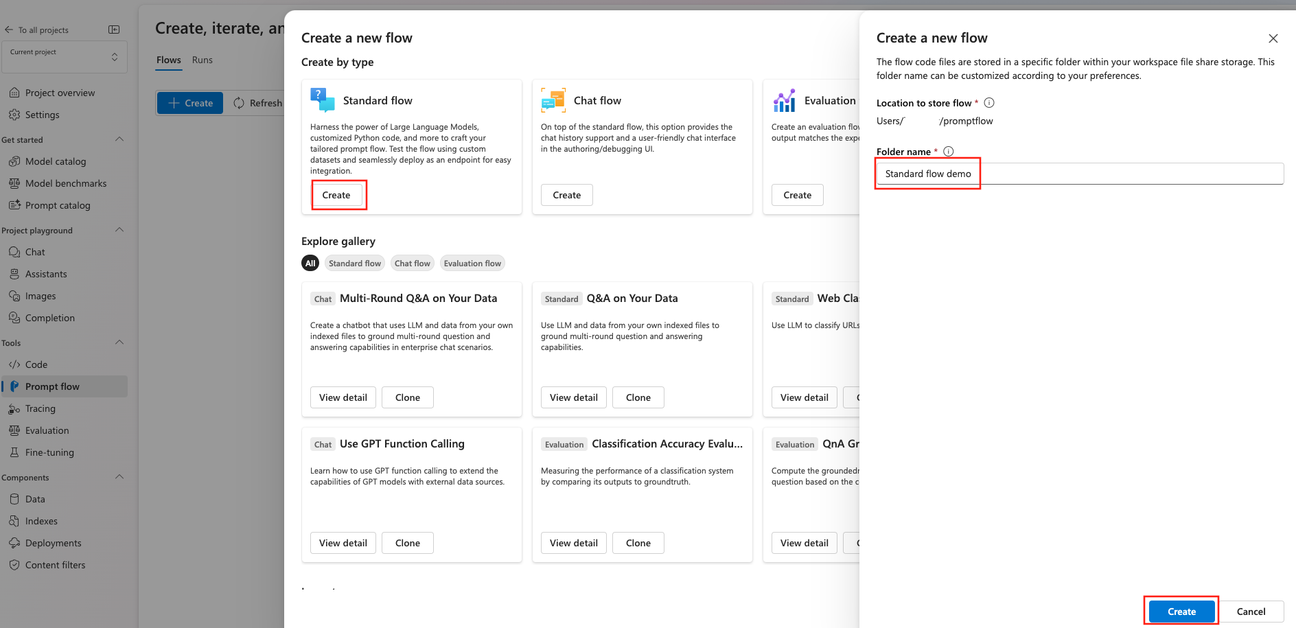 Screenshot of selecting and creating a standard flow.