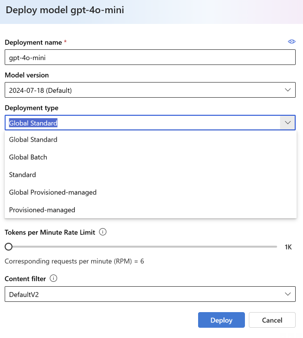 Screenshot that shows the model deployment dialog in Azure OpenAI Studio with three deployment types highlighted.