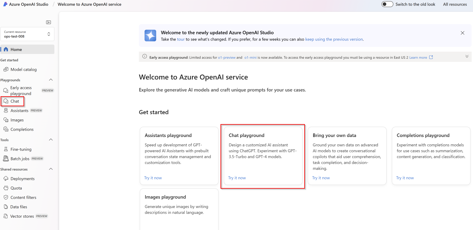 Screenshot of the Azure OpenAI Studio landing page with Chat playground highlighted.