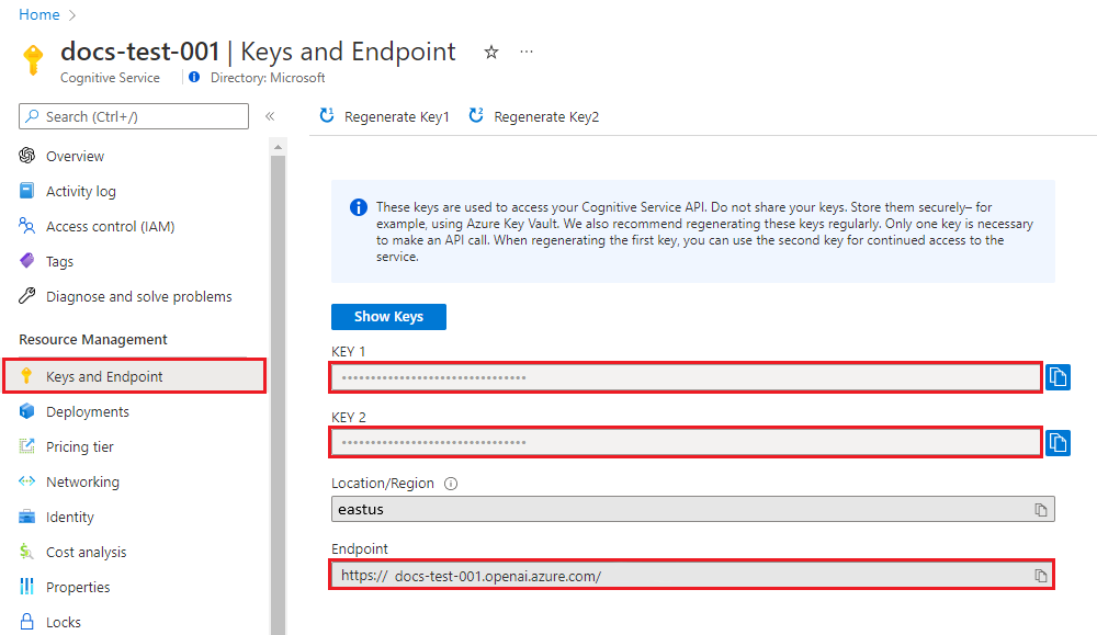 Screenshot that shows the Keys and Endpoint page for an Azure OpenAI resource in the Azure portal.