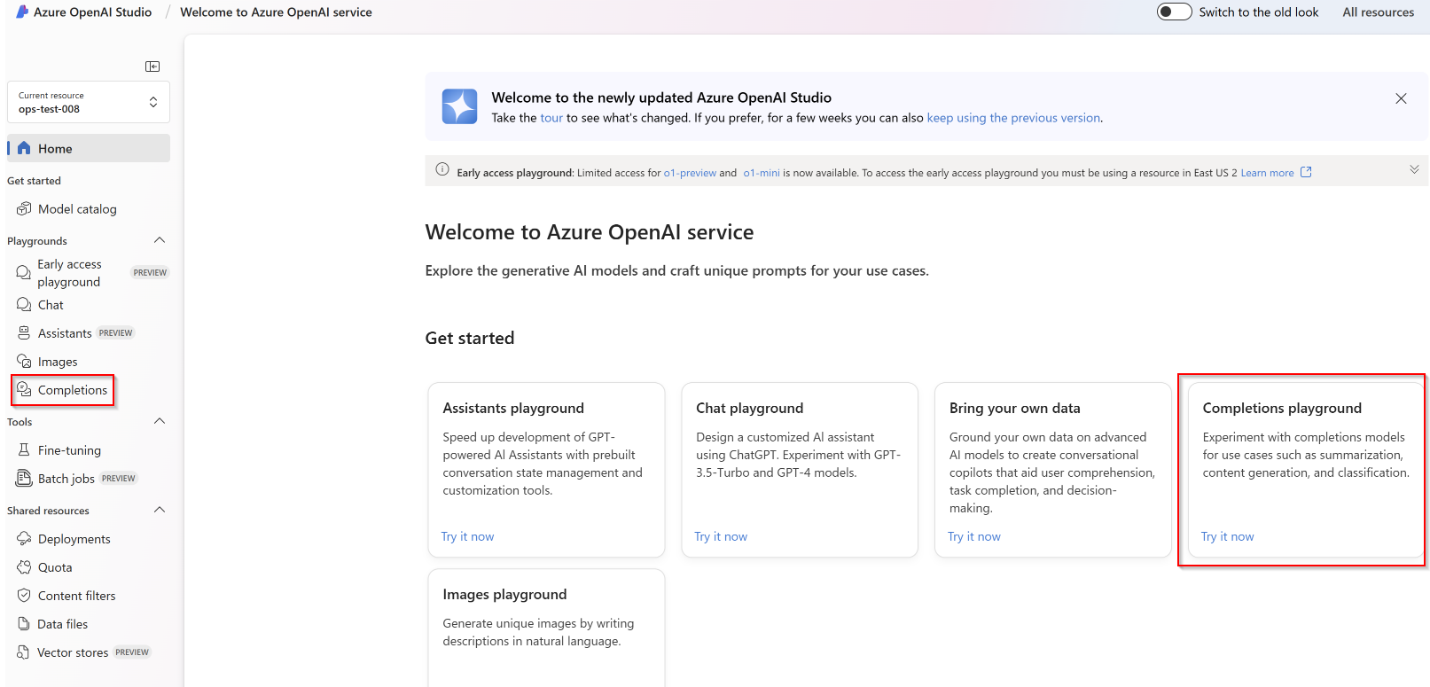 Screenshot of the Azure OpenAI Studio landing page.