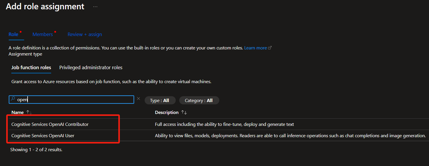 Screenshot of the Azure portal with the Contributor and User roles displayed in a list.