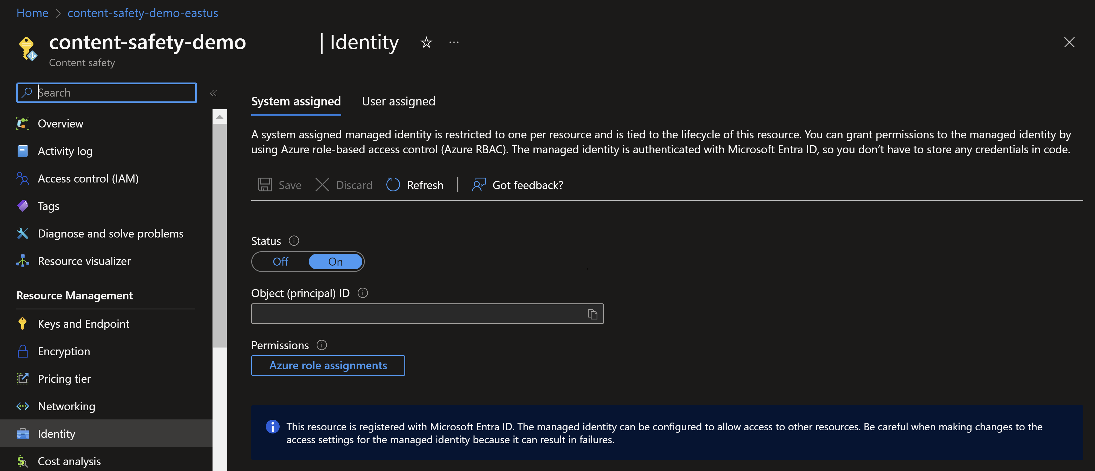 Screenshot of a Content Safety identity resource in the Azure portal.