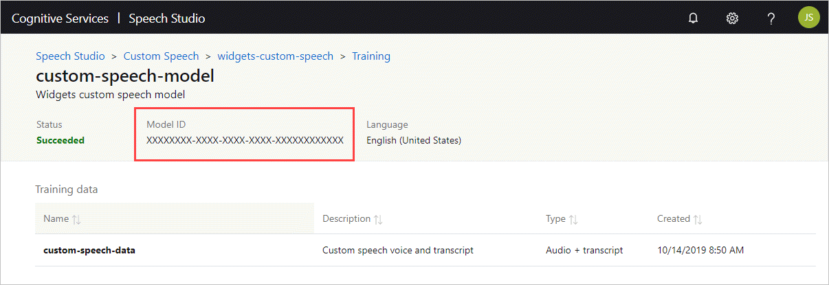 Screenshot that shows custom speech model details.