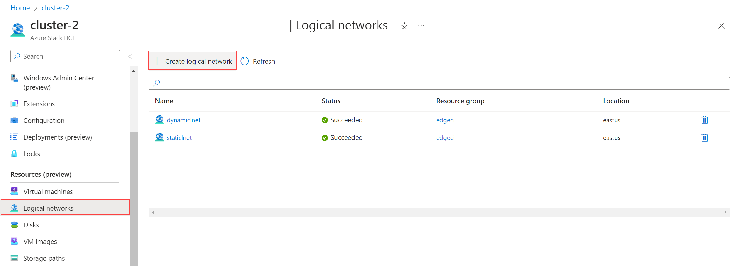 Screenshot showing logical network creation link.