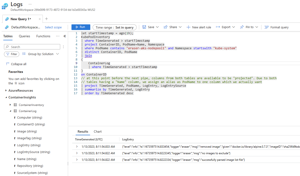 Screenshot showing deleted image logs in the Azure portal.