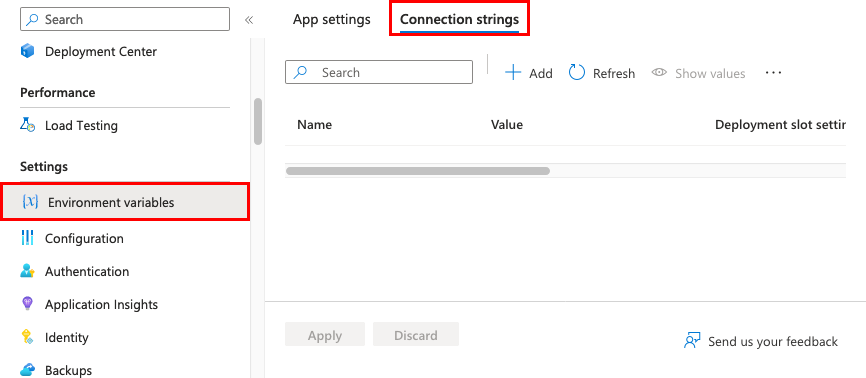 Screenshot showing UI open to Connection strings.