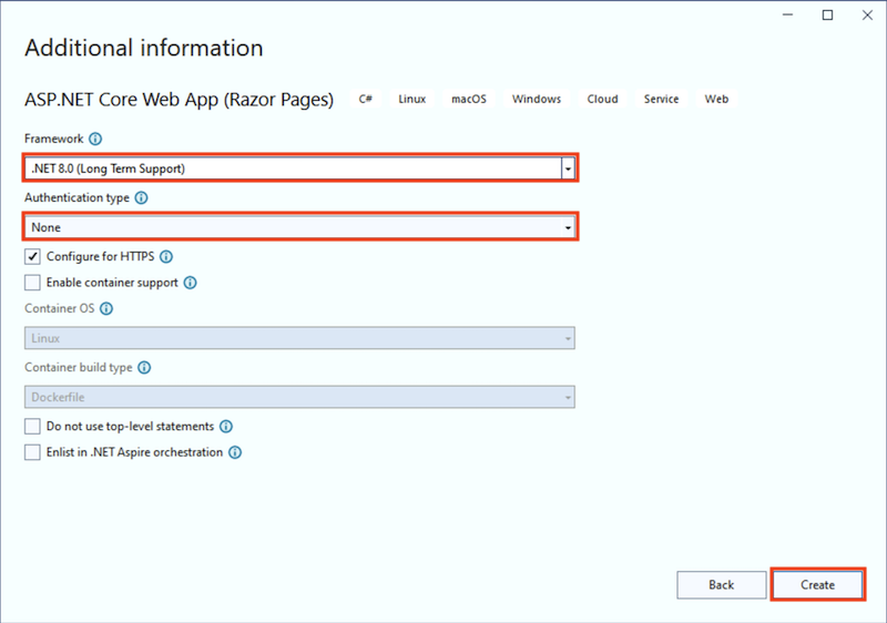 Screenshot of Visual Studio - Additional info when selecting .NET 8.0.