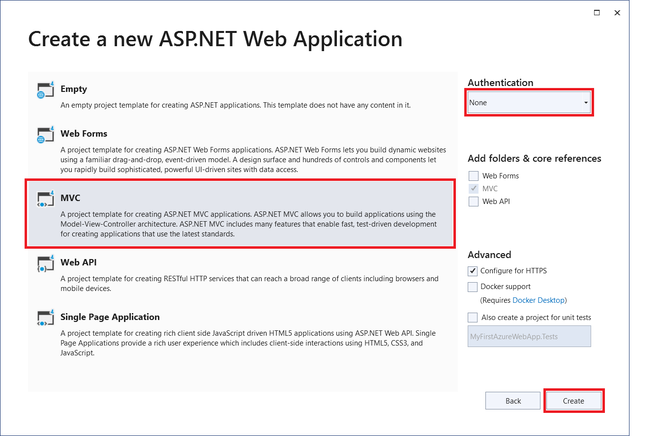 Screenshot of Visual Studio - Select the MVC template.