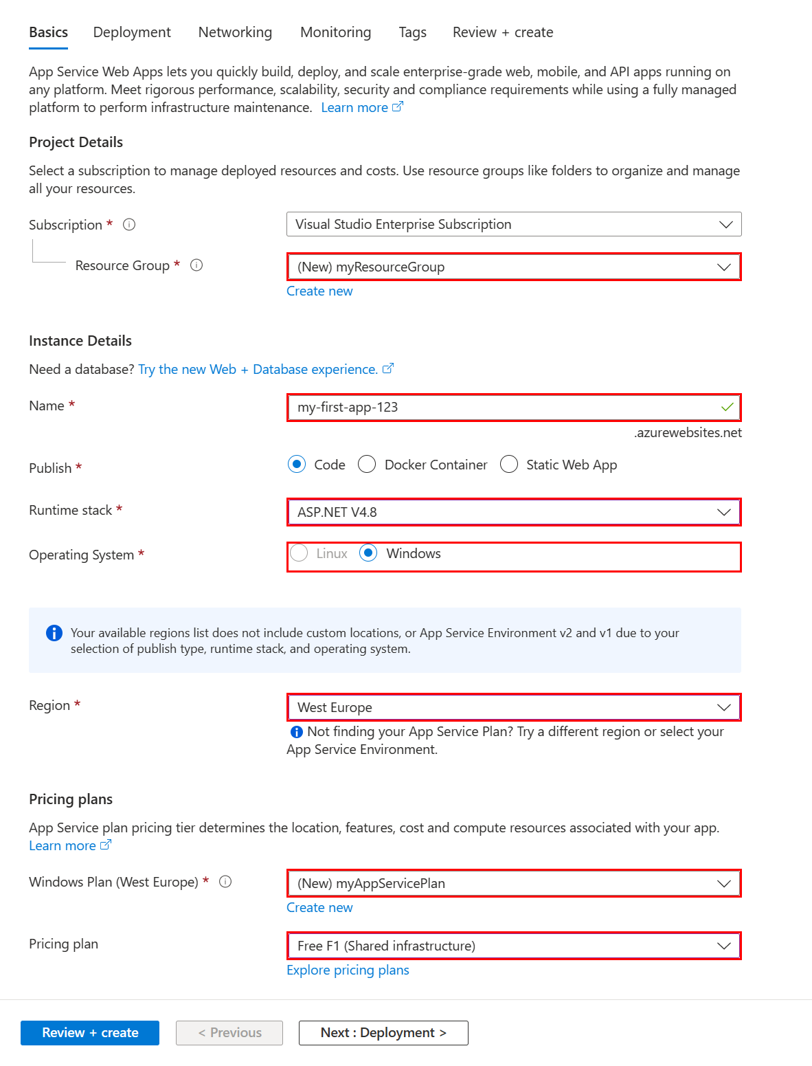 Screenshot of new App Service app configuration for .NET Framework V4.8 in the Azure portal.