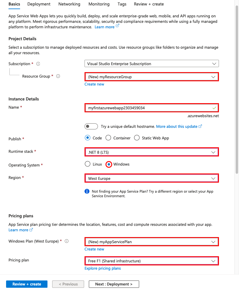 Screenshot of new App Service app configuration for .NET 8 in the Azure portal.