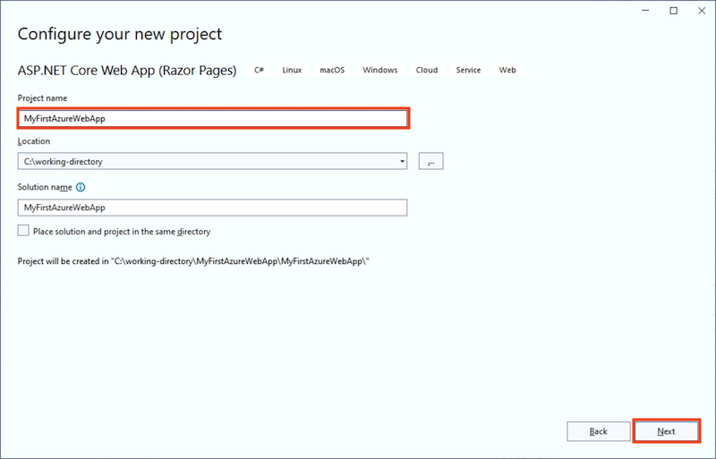 Screenshot of Visual Studio - Configure ASP.NET 8.0 web app.