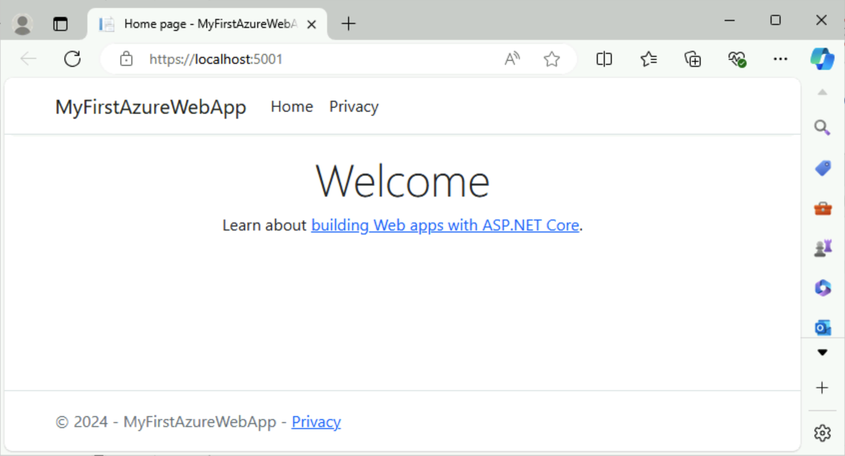 Screenshot of Visual Studio - ASP.NET Core 8.0 running locally.