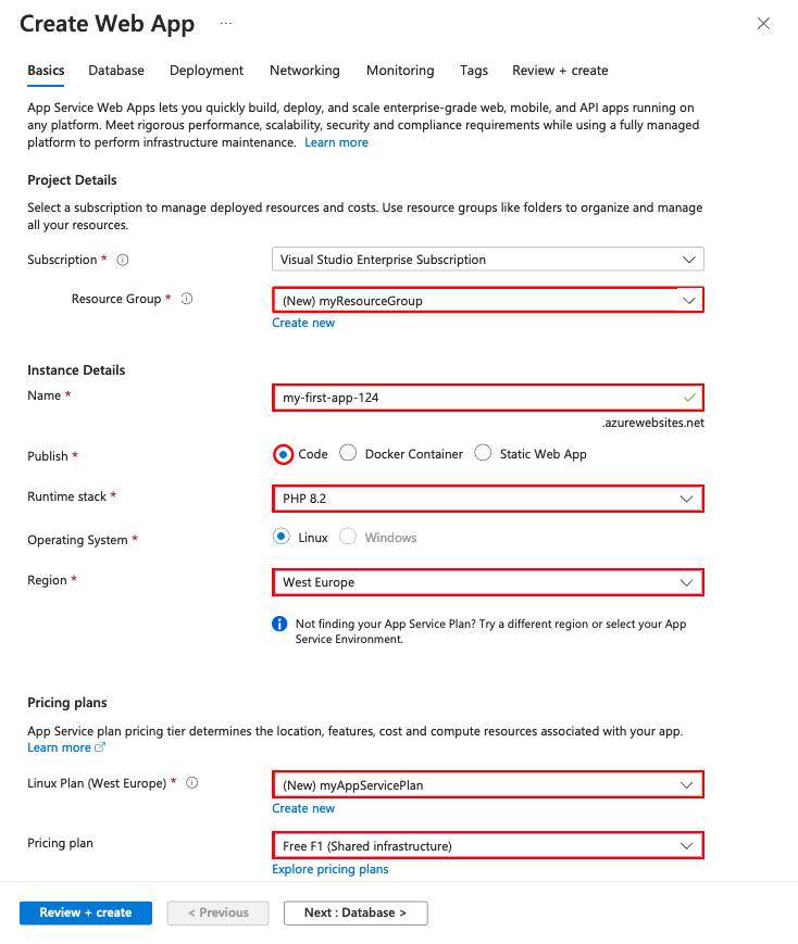 Screenshot of new App Service app configuration for PHP in the Azure portal.