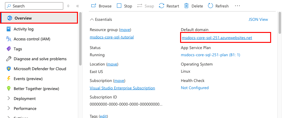 A screenshot showing how to launch an App Service from the Azure portal.