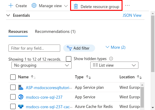 A screenshot showing the location of the Delete Resource Group button in the Azure portal.