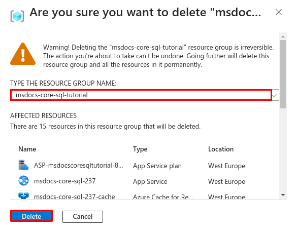 A screenshot of the confirmation dialog for deleting a resource group in the Azure portal.