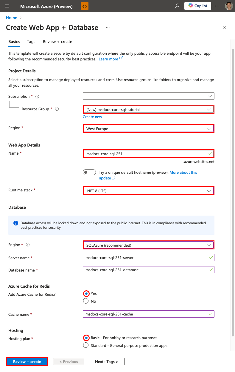 A screenshot showing how to configure a new app and database in the Web App + Database wizard.