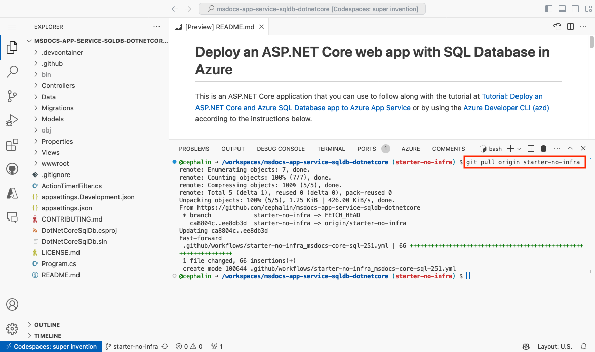 A screenshot showing git pull inside a GitHub codespace.