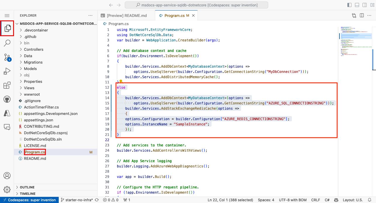 A screenshot showing a GitHub codespace and the Program.cs file opened.