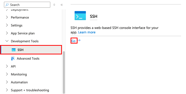 A screenshot showing how to open the SSH shell for your app from the Azure portal.