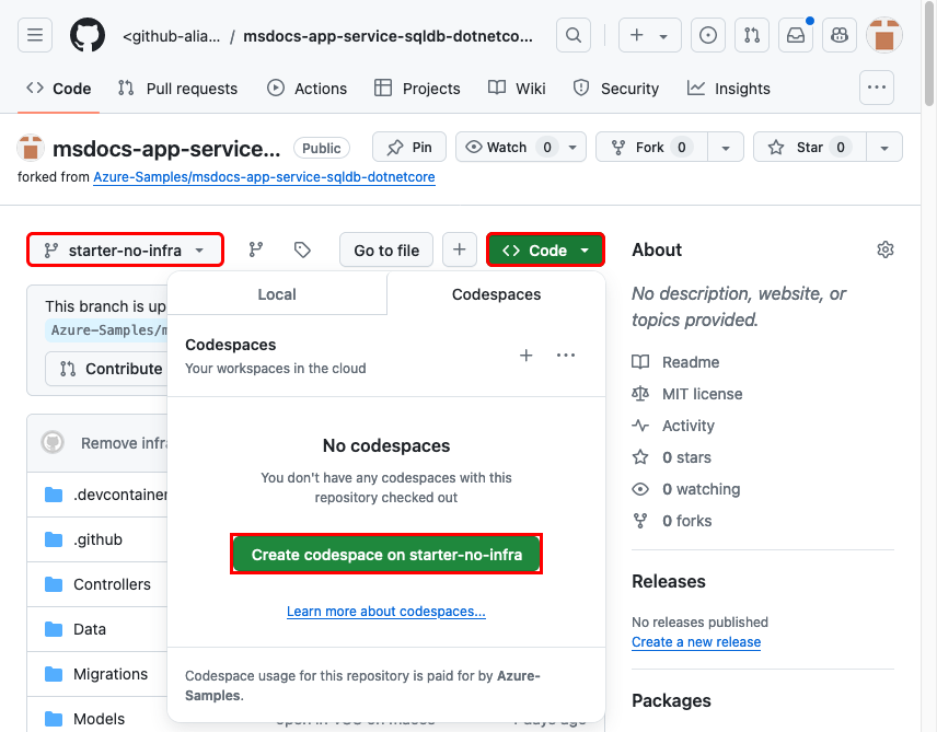 A screenshot showing how to create a codespace in GitHub.